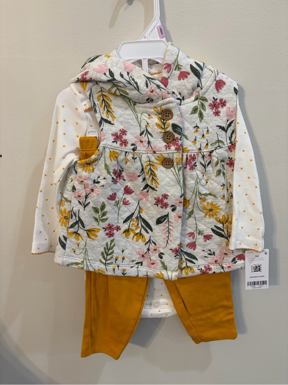 Carter's Floral Quilted Hooded Vest with Mustard Leggings